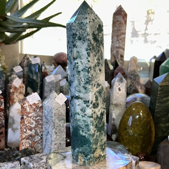 Moss Agate Crystal Tower With Druzy! - Picture 3 of 13